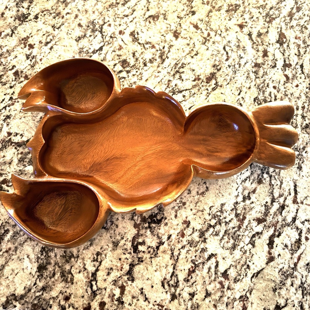 Vintage Monkey Pod Wood Lobster Bowl 15" Signed MCM Tiki Hawaiiana